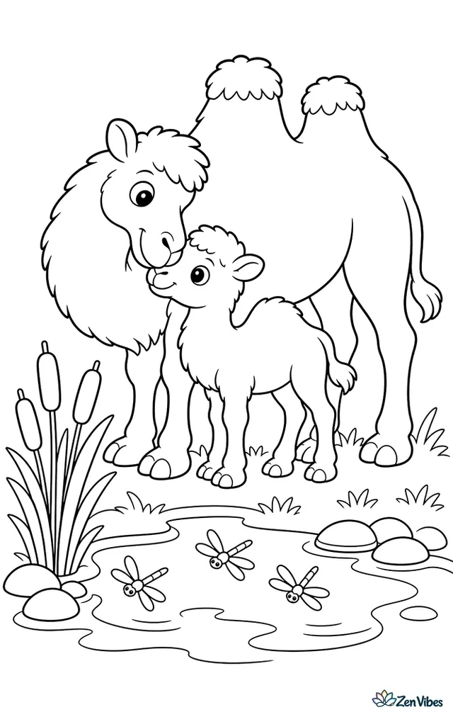 A Bactrian camel nuzzles its calf beside a grassy oasis edge, with cattails, rounded stones, and dragonflies hovering above the calm water.