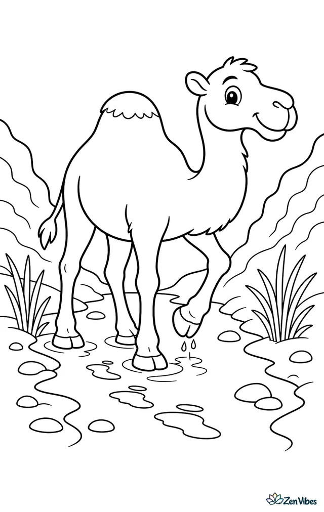 A dromedary camel carefully steps through a shallow wadi, with pebbles, reeds, muddy footprints, and steep sandy banks rising on both sides.