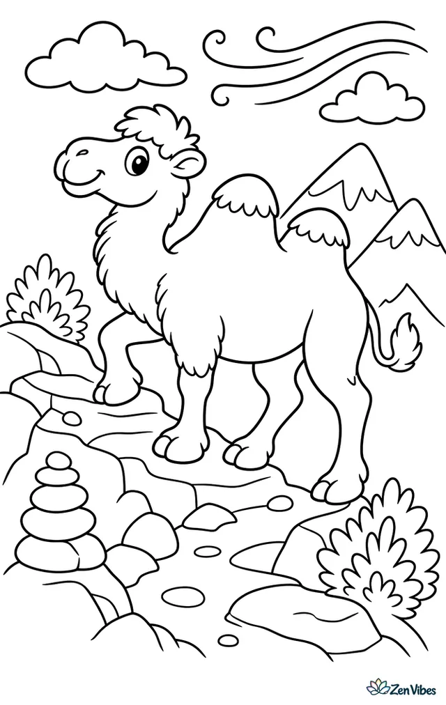 A Bactrian camel climbs a rocky mountain path, passing hardy shrubs, stacked stones, and distant snowy peaks beneath a breezy sky.