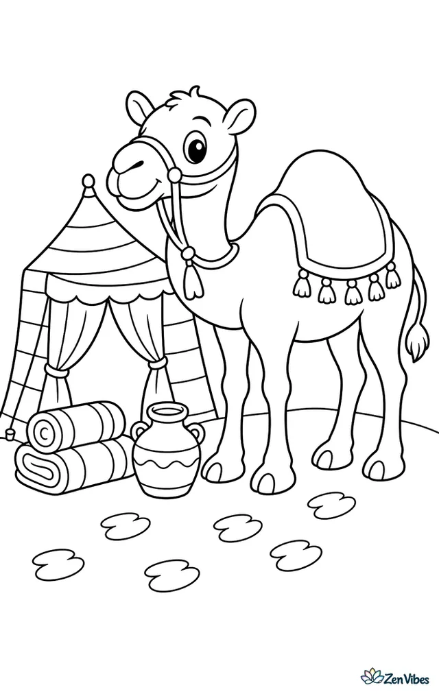 A dromedary camel stands beside a striped desert tent, with rolled blankets, a clay water jar, and a few footprints across the sandy campsite.