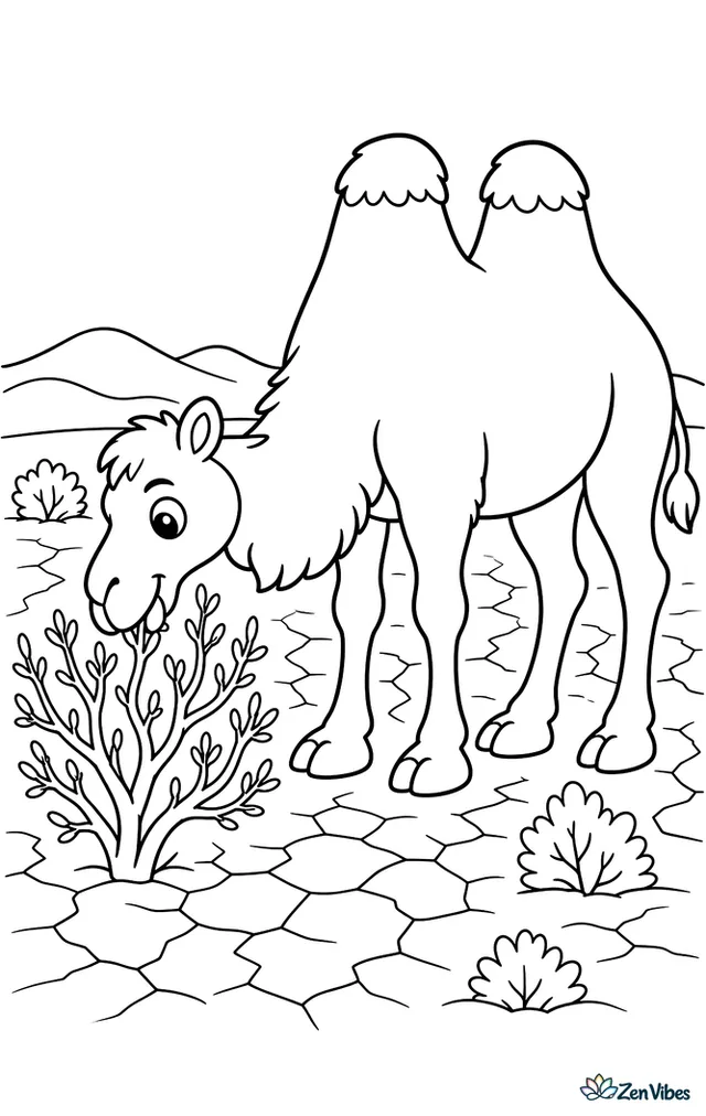A Bactrian camel grazes on saxaul shrubs in a dry plain, with cracked earth, low bushes, and faraway dunes under a broad horizon.