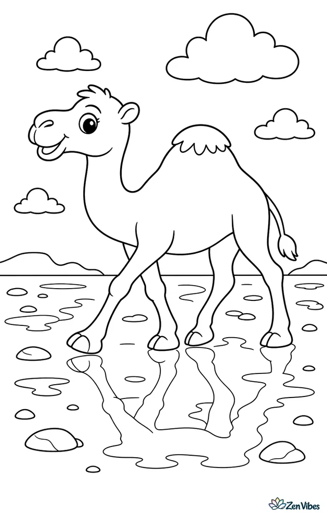 A dromedary camel walks across a bright salt flat, with shallow puddles, mirrored reflections, and scattered stones beneath a wide cloud-filled sky.