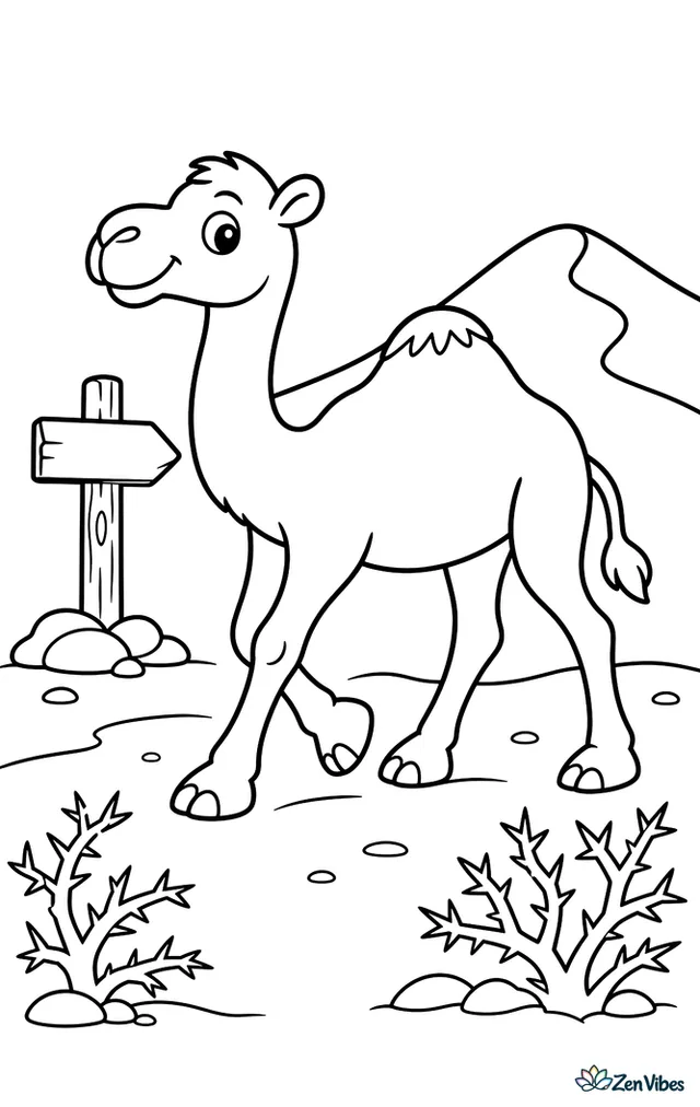 A dromedary camel strolls along a dusty desert road, passing a wooden signpost, thorny shrubs, and a wind-shaped hill in the background.