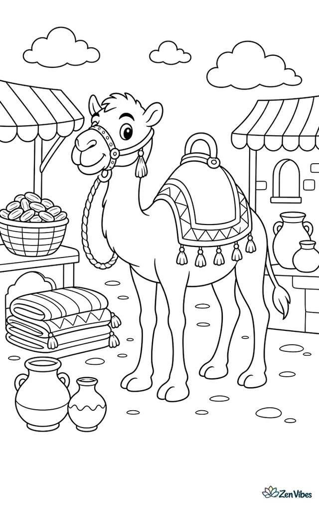 A dromedary camel stands calmly at an open desert market, with baskets of dates, folded rugs, clay pots, and striped awnings around the sandy square.