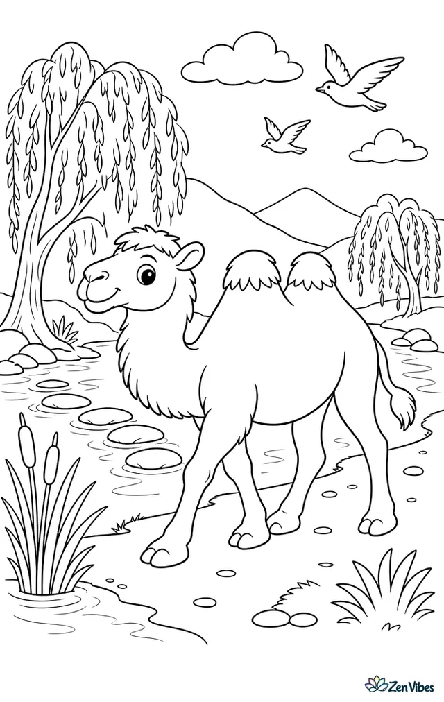 A Bactrian camel walks along a riverbank in a dry valley, with willow trees, reeds, stepping stones, and birds gliding above the water.