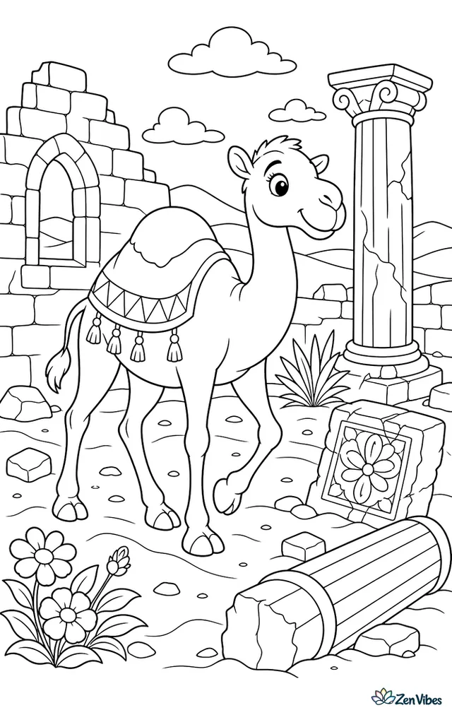 A dromedary camel explores ancient desert ruins, passing broken columns, carved stone blocks, desert flowers, and drifting sand gathered between old walls.