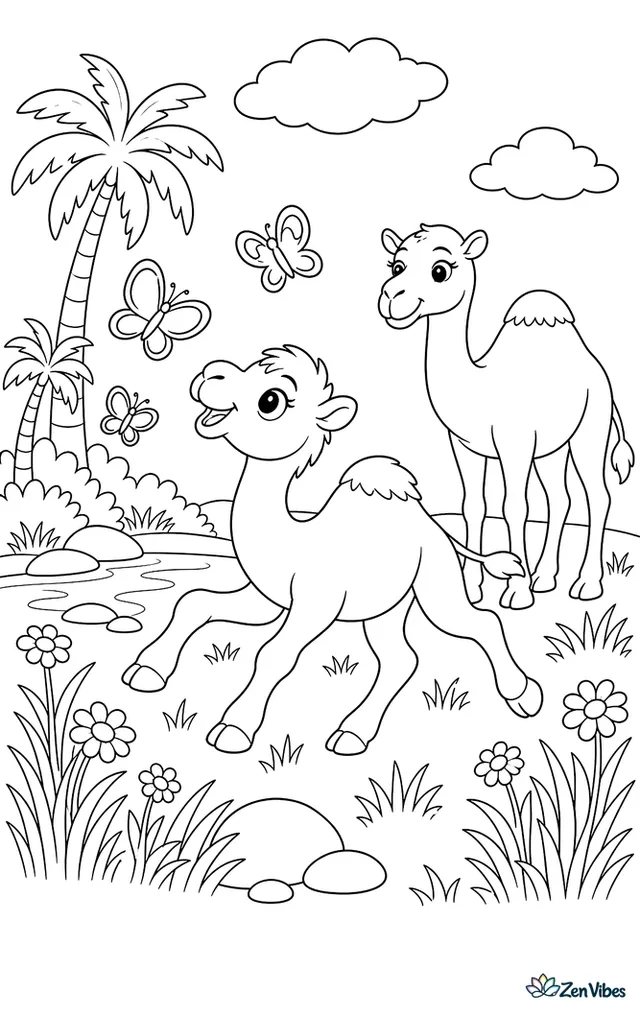 A playful dromedary camel calf trots after butterflies near an oasis meadow, with wildflowers, tall grass, smooth rocks, and its mother watching nearby.