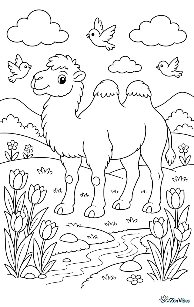 A Bactrian camel stands in a spring meadow, surrounded by blooming tulips, fluttering birds, a shallow stream, and rolling hills beneath puffy clouds.