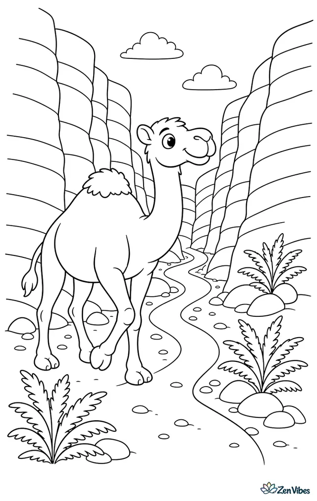 A dromedary camel follows a narrow canyon trail, with tall striped rock walls, desert ferns, scattered pebbles, and a winding path disappearing ahead.