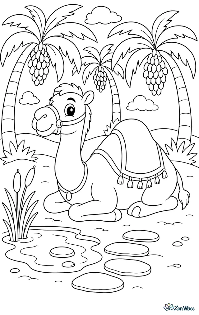 A dromedary camel rests in an oasis palm grove, with hanging dates, a small pool, reeds, stepping stones, and shaded sand beneath layered fronds.