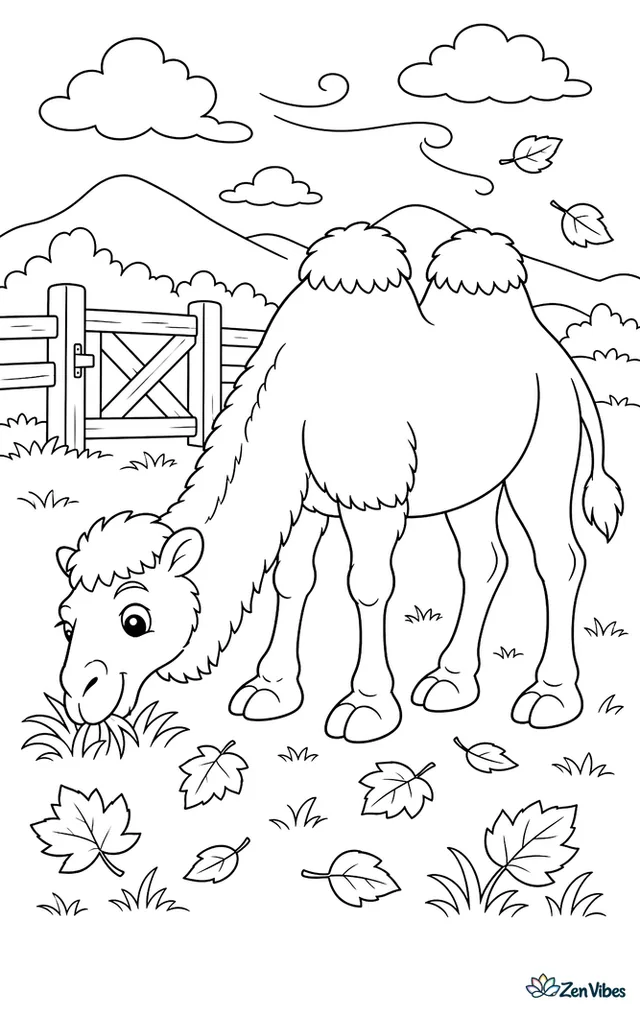 A Bactrian camel grazes in an autumn pasture, with golden grass, fallen leaves, a wooden gate, and distant foothills under a breezy afternoon sky.