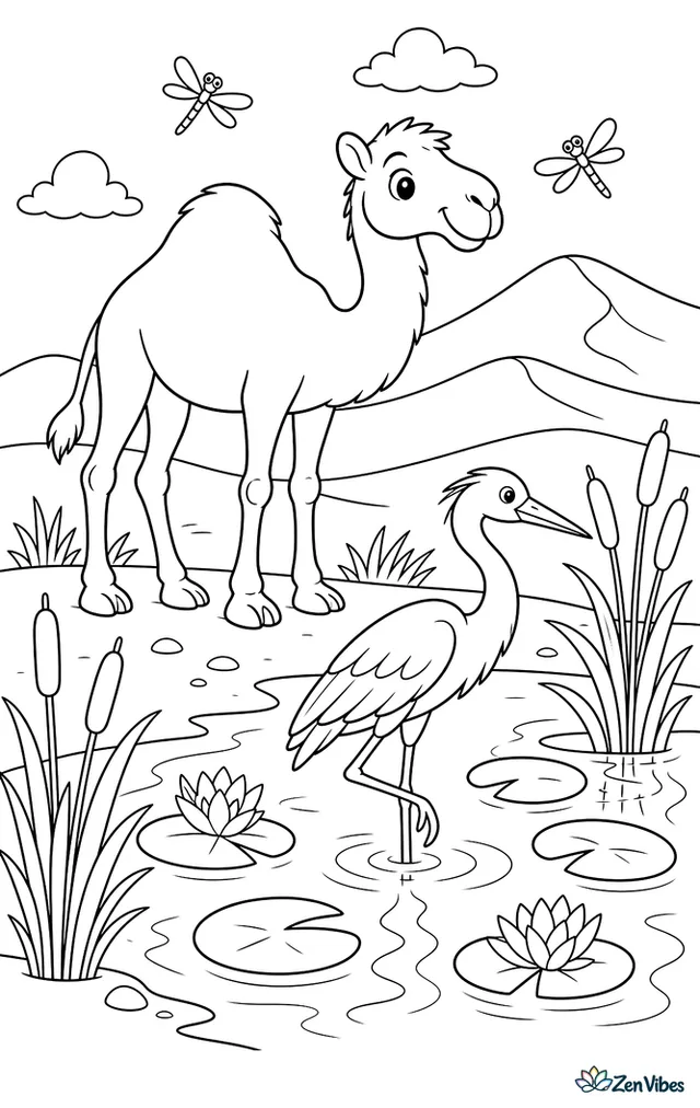 A dromedary camel stands beside a marshy pond where a heron wades, with cattails, lily pads, dragonflies, and low dunes framing the scene.