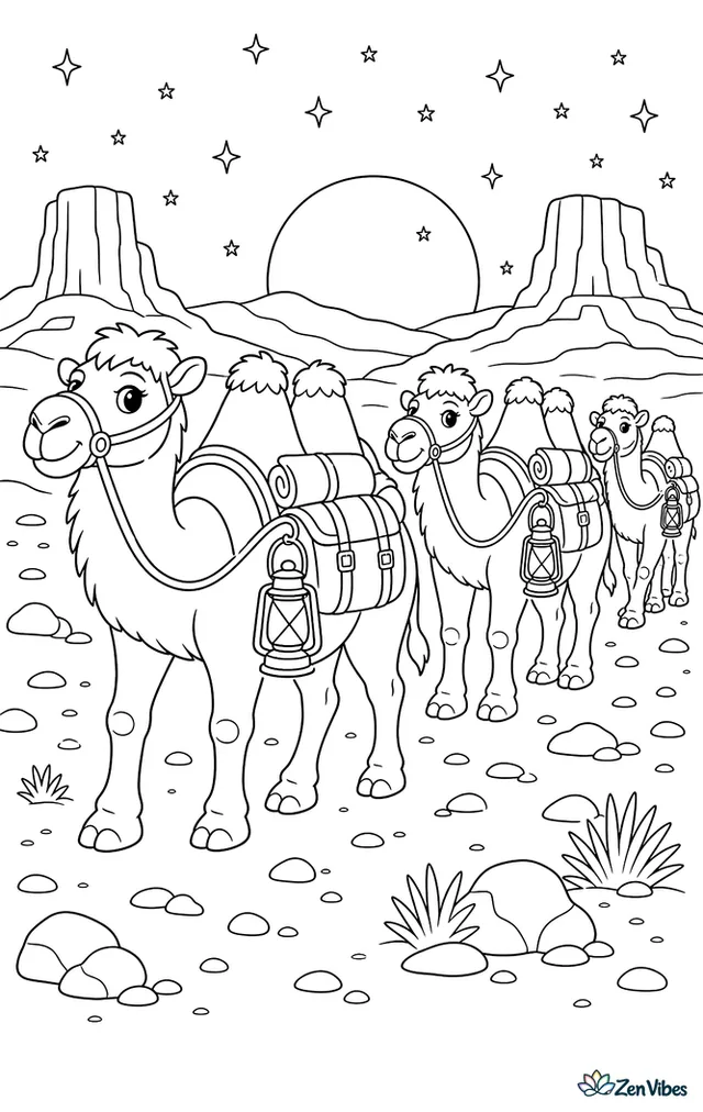 A line of Bactrian camels travels across a stony desert during moonrise, with scattered lanterns on packs, distant mesas, and twinkling stars above.