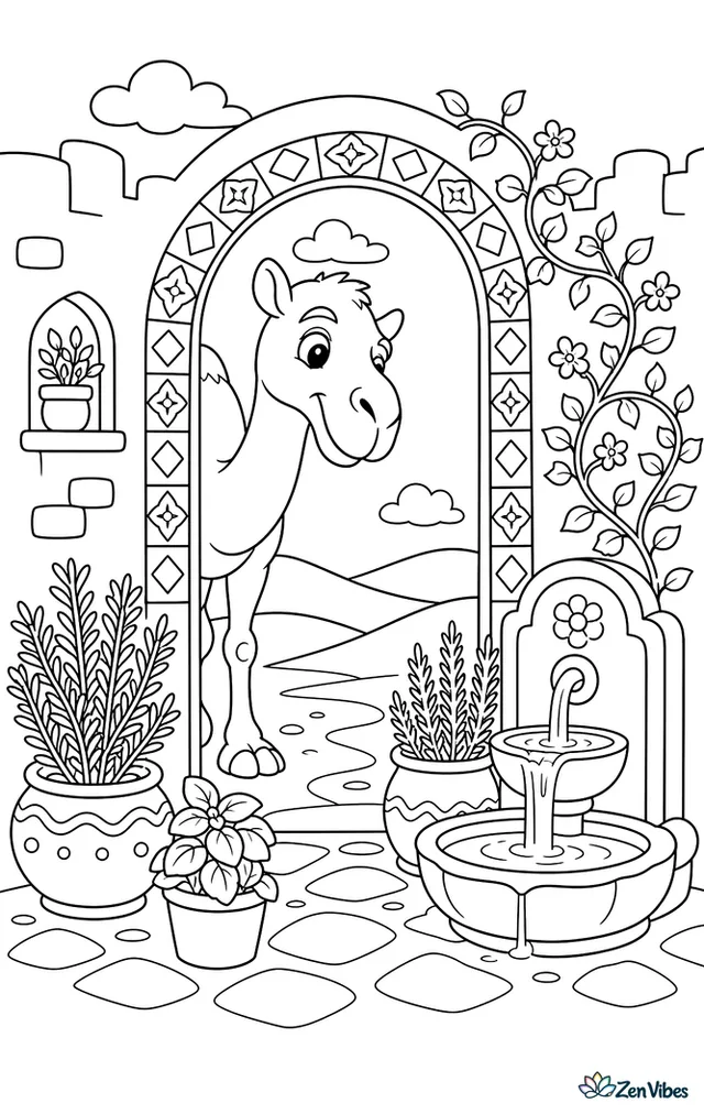 A dromedary camel peers into a walled desert garden, with potted herbs, a trickling fountain, climbing vines, and patterned tiles around the entrance.