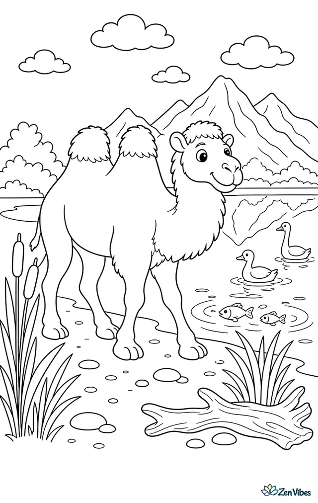 A Bactrian camel walks beside a lakeshore lined with reeds, with fish ripples, water birds, smooth driftwood, and mountains reflected in the water.