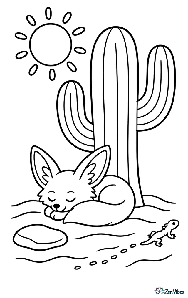A sleepy fennec fox curls beneath a tall saguaro cactus for shade, surrounded by simple sand ripples, one flat rock, a small lizard trail, and a bright sun overhead.