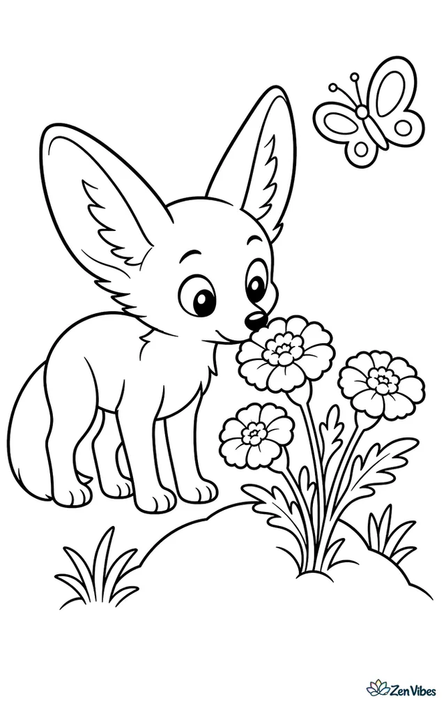 A curious fennec fox sniffs a blooming desert marigold beside a sandy mound, with three open flowers, a butterfly above, sparse grasses, and gentle hills in the background.