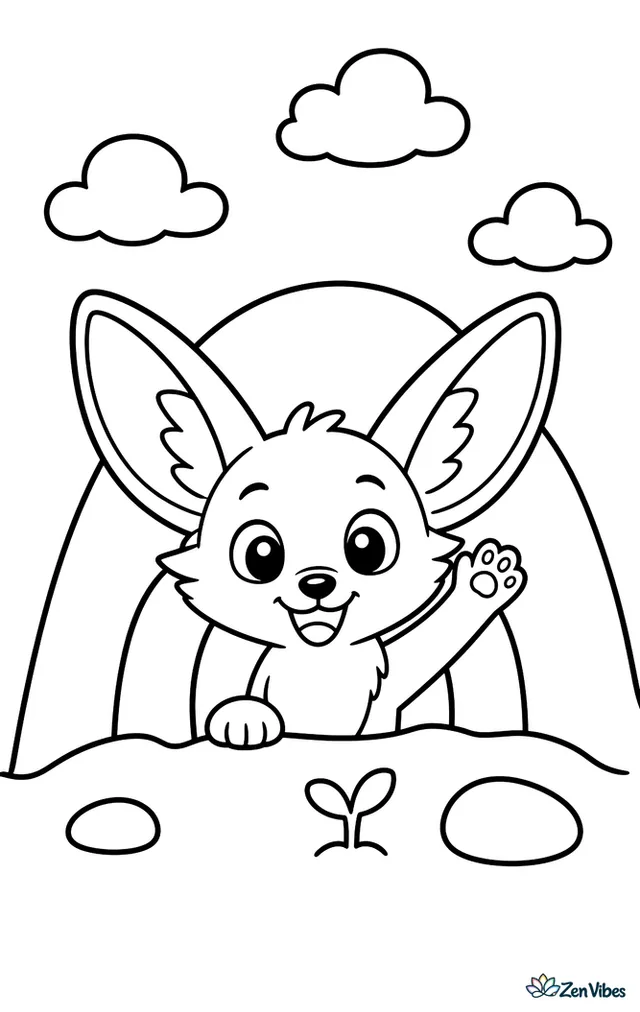 A cheerful fennec fox peeks from its burrow entrance as if waving hello, with a rounded sand hill, two pebbles, a tiny sprout, and a few drifting clouds above.