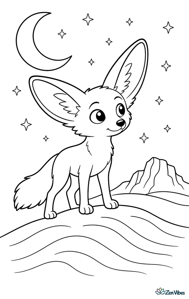 A fennec fox stands alert on a dune, listening for movement under moonlight, with a crescent moon, twinkling stars, wind lines in the sand, and a distant rocky ridge.
