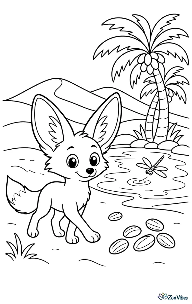 A fennec fox strolls near a small oasis lined with date palms, with calm water, fallen dates on the sand, a dragonfly skimming the surface, and layered dunes beyond.
