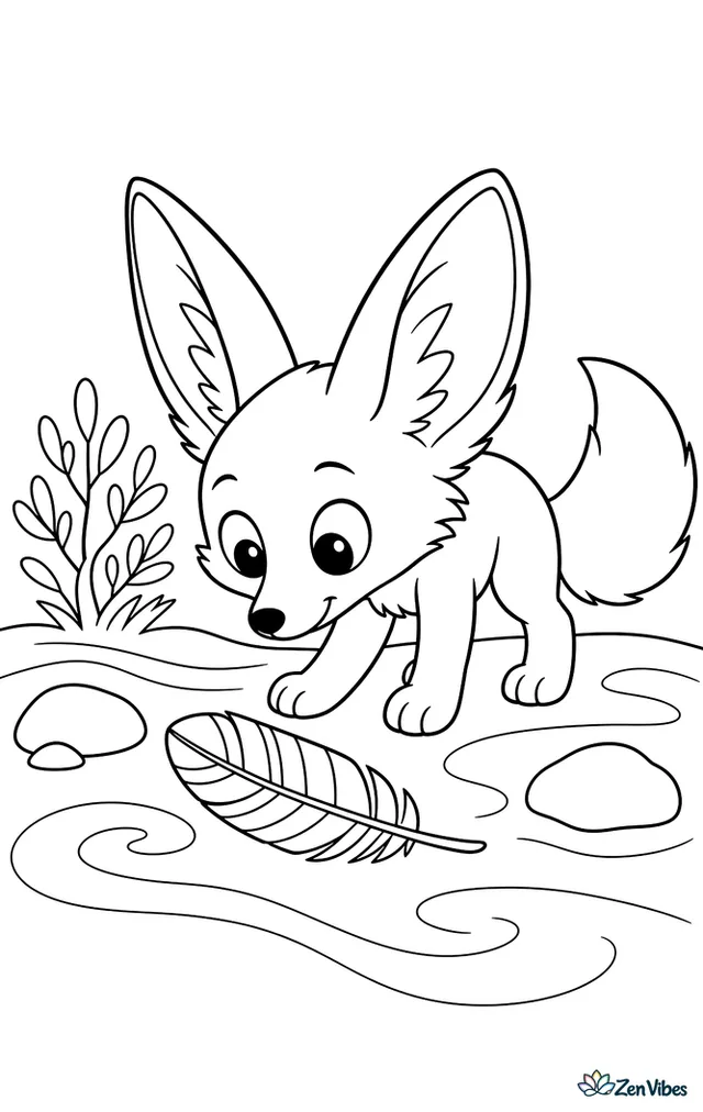 A fennec fox investigates a striped desert quail feather on the ground, surrounded by curling sand patterns, a low shrub, two stones, and a broad open sky.
