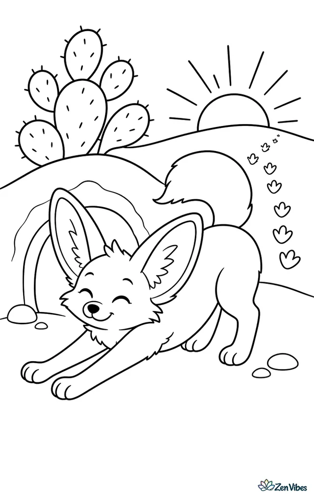 A waking fennec fox stretches beside its burrow at sunrise, with a low sun, long shadows, a cluster of prickly pear pads, and tiny tracks leading over the dune.
