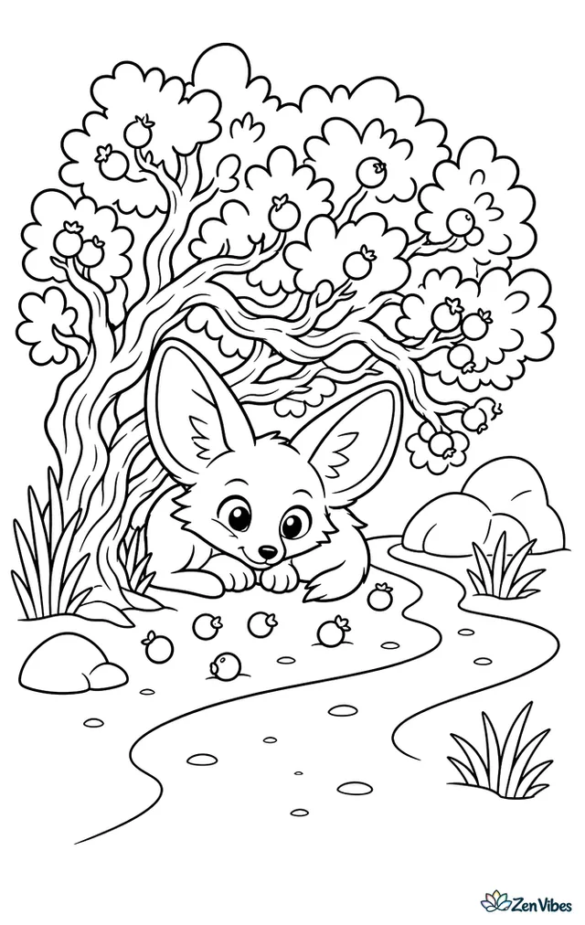 A fennec fox ducks beneath a desert juniper shrub to hide, with twisting branches, fallen berries, dry grass clumps, and a sandy path winding past nearby rocks.