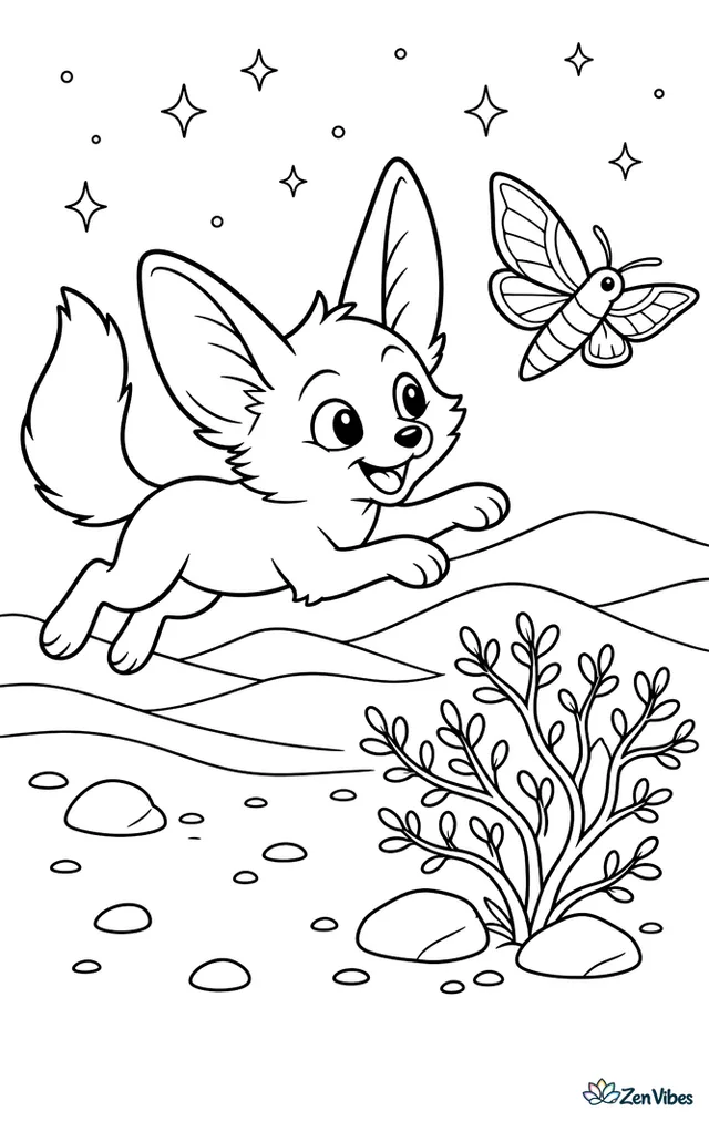 A playful fennec fox leaps after a large sphinx moth at dusk, with scattered stones, a waving creosote bush, curving dune lines, and the first stars appearing overhead.