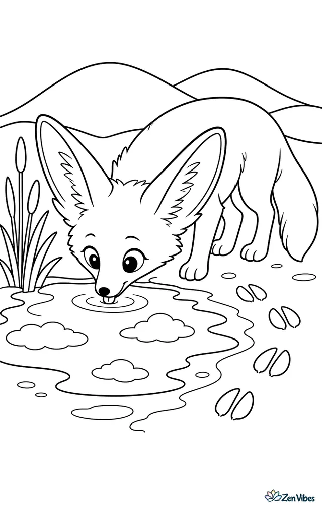 A thirsty fennec fox lowers its head to sip from a shallow desert pool, with reeds at the edge, reflected clouds, hoofprints in damp sand, and rounded hills behind.