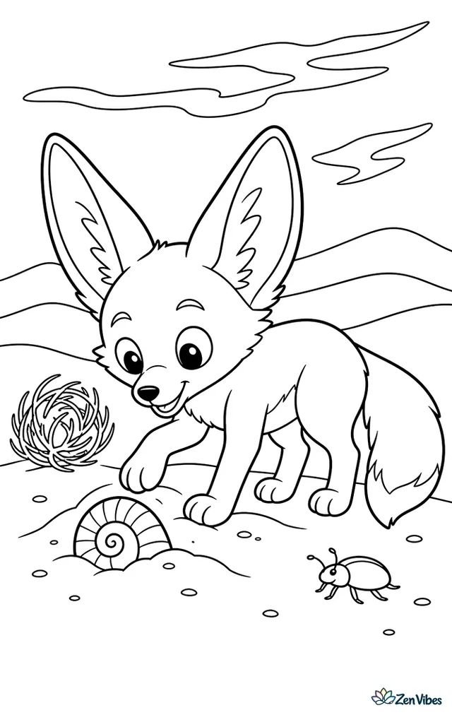 A fennec fox paws at a small fossil shell half-buried in sand, with layered dune slopes, a tumbleweed, a tiny beetle, and high cirrus clouds stretching across the sky.