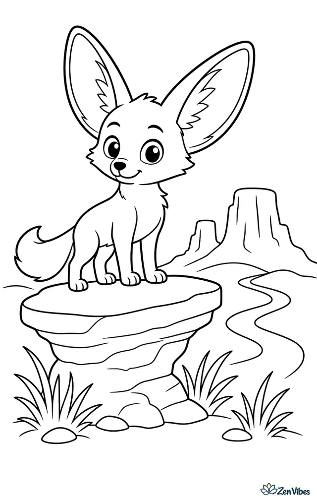 A fennec fox balances on a flat sandstone rock as a lookout, with broad ears lifted, desert grasses below, a winding trail, and a pair of distant mesas.