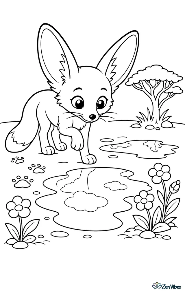 A fennec fox tiptoes around fresh rain puddles in the desert, with mirrored clouds, muddy pawprints, sprouting annual flowers, and a low acacia tree on firmer ground.