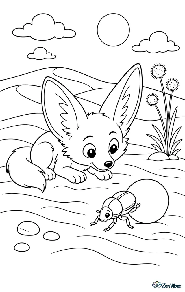 A fennec fox crouches quietly while watching a shiny scarab beetle roll its ball, with rippled dunes, three pebbles, dry seed heads, and a warm afternoon sky.