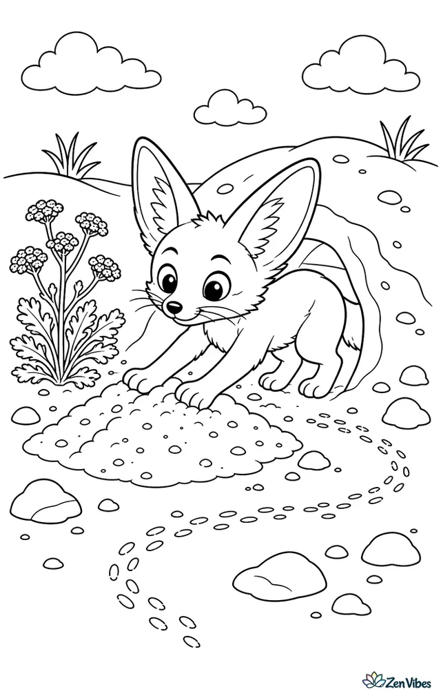 A busy fennec fox pushes loose sand out from its burrow entrance, with a neat mound forming, desert parsley nearby, scattered rocks, and winding tracks crossing the foreground.