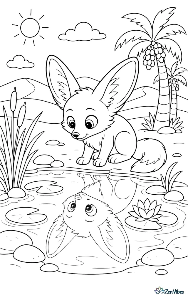 A fennec fox studies its reflection beside a still oasis pool, framed by reeds, date palms, lily pads, smooth stones, and distant dunes under a clear morning sky.