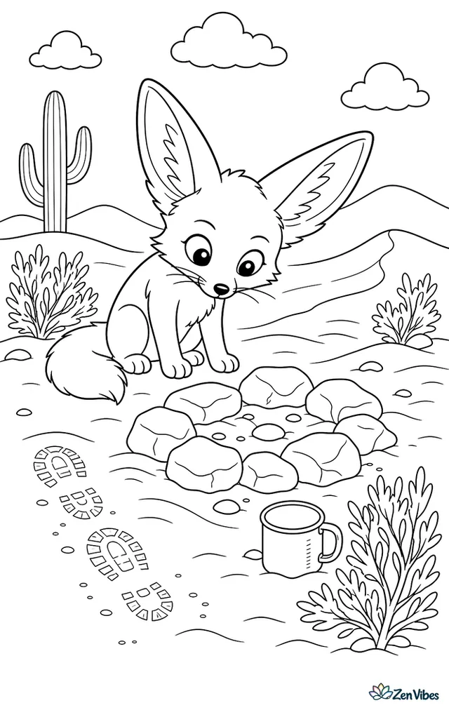 A curious fennec fox examines old campfire stones left cold in the desert, with boot prints fading away, a tin cup, sagebrush, and drifting sand beginning to reclaim the site.