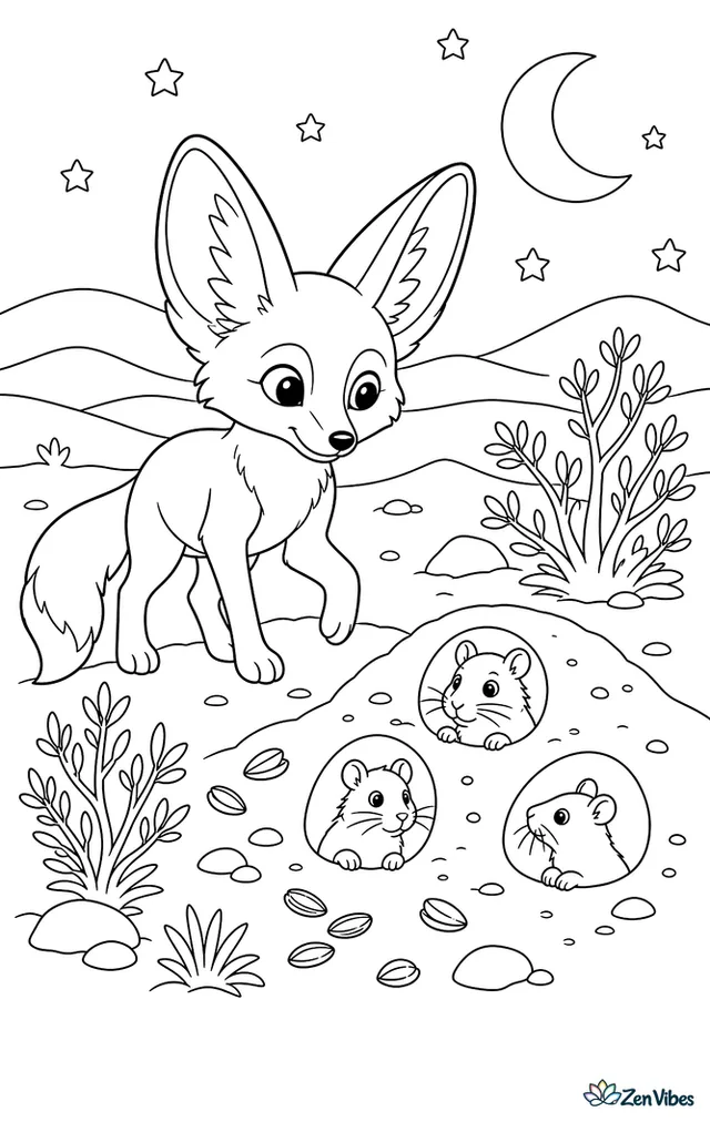 A fennec fox patrols around a gerbil colony, pausing near tiny burrow holes, with seed husks, scrub plants, moon shadows, and gentle dune ridges stretching behind.