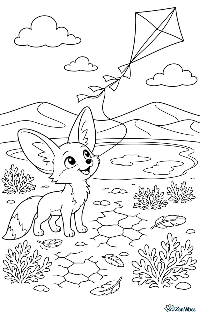 A fennec fox looks up at a soaring desert kite overhead, while standing among low saltbush, cracked earth patches, scattered feathers, and a broad basin edged by dunes.