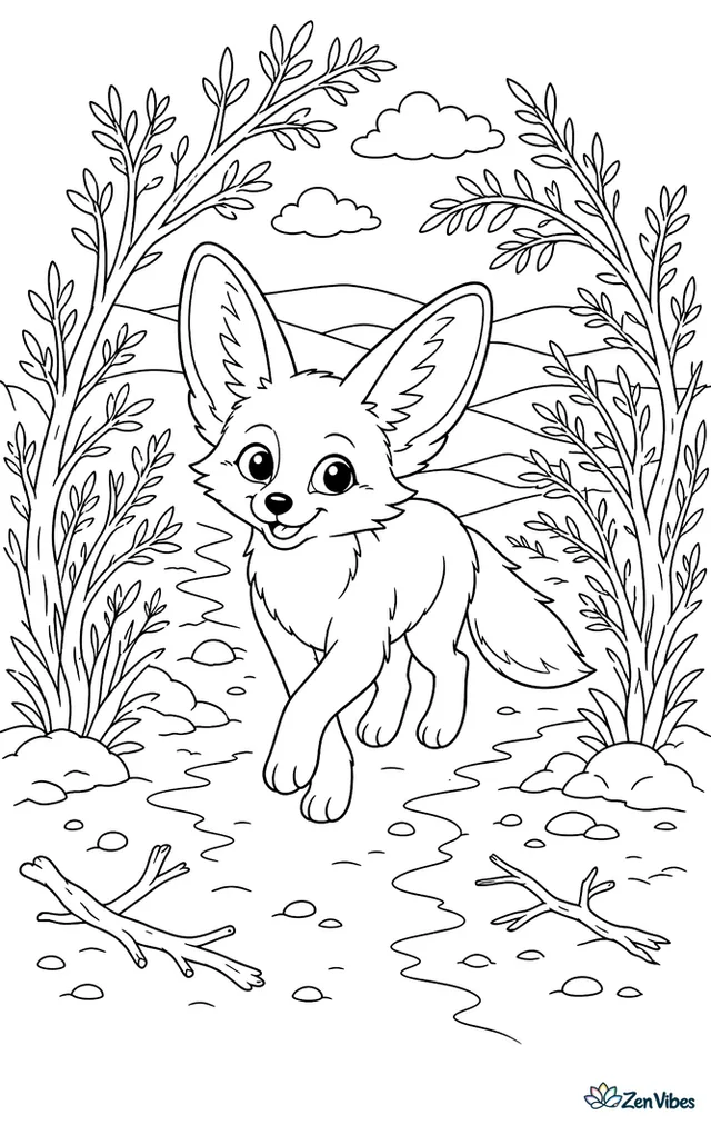 A fennec fox trots along a narrow path between tamarisk shrubs, with arching branches, fallen twigs, patches of shade, small stones, and layered dunes fading into the distance.