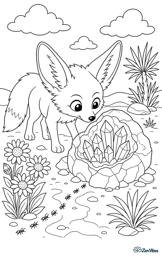 A fennec fox sniffs around a quartz-filled desert rock, with sparkling facets, sandy hollows, a desert sunflower cluster, ant trails, and a bright sky with drifting clouds.