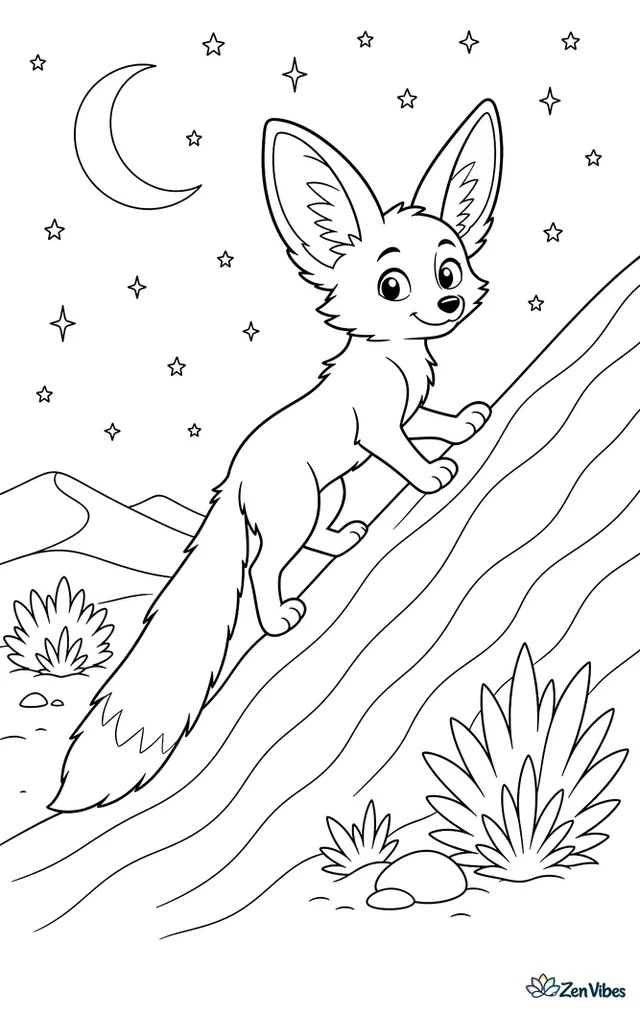 A fennec fox climbs a steep dune beneath a star-filled sky, with long tail trailing behind, wind-swept ridges, a sliver moon, and a few desert shrubs below.