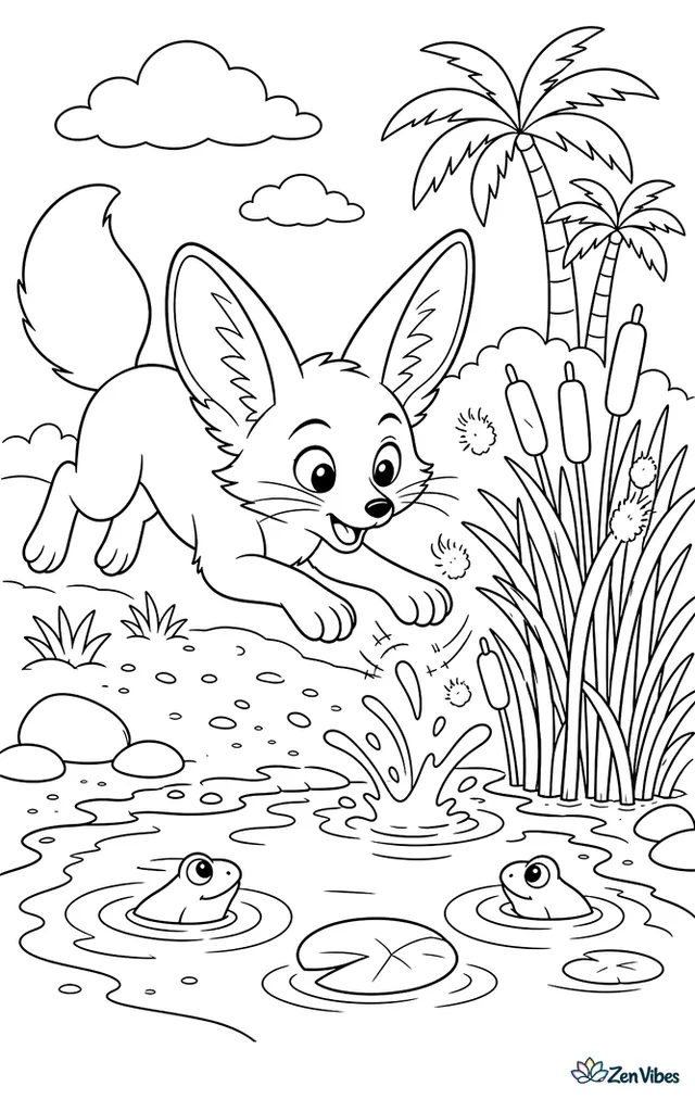 A fennec fox pounces at rustling movement beside an oasis reed bed, with splashing water, cattail seed fluff, muddy edges, frogs' ripples, and date palms reflected nearby.