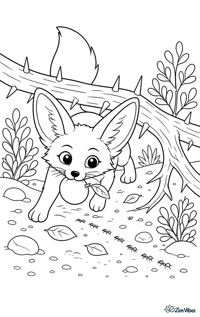 A nimble fennec fox squeezes under a fallen thorn branch, carrying a desert plum in its mouth, with scattered leaves, ants, pebbles, and scrubby bushes around the sandy trail.