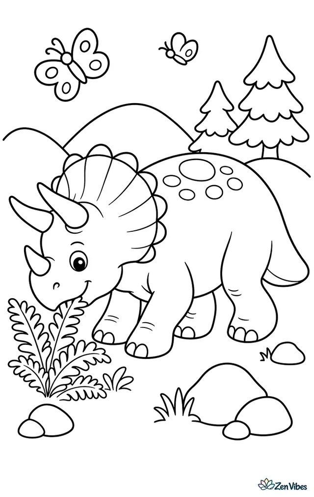 A triceratops walks slowly through a sunny meadow, nibbling low ferns while butterflies drift above and rounded hills, scattered rocks, and two pine trees fill the background.