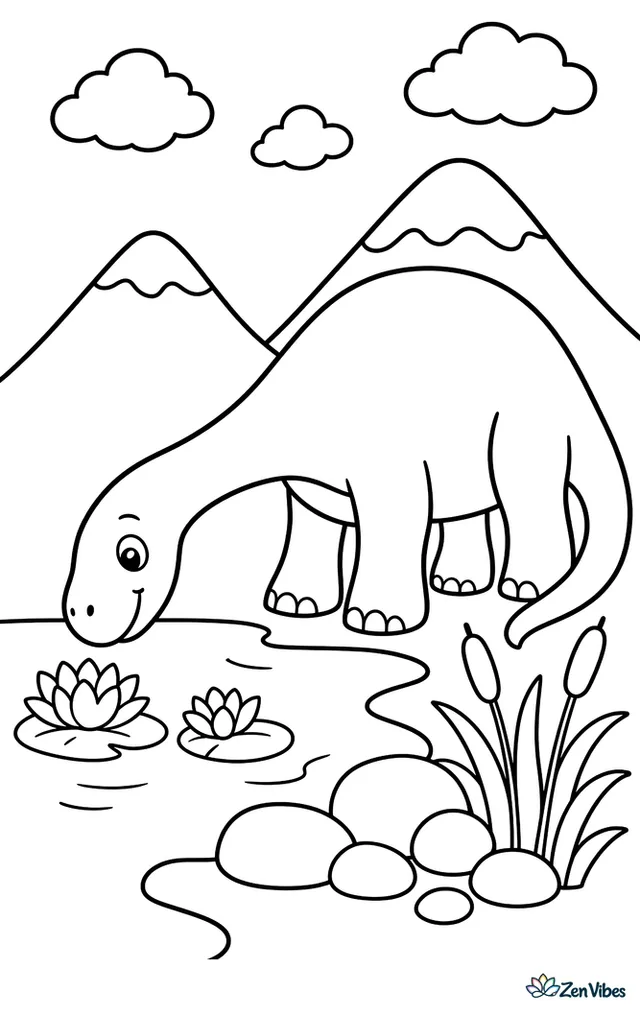 A brontosaurus stands beside a calm lake, dipping its long neck toward water lilies while cattails, smooth pebbles, distant mountains, and a few fluffy clouds surround the peaceful shore.