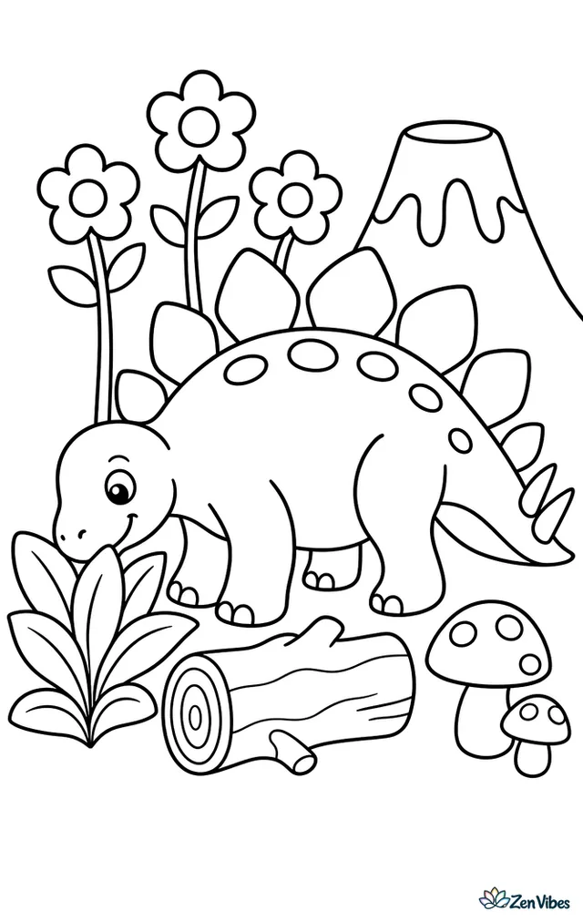 A stegosaurus strolls through a simple prehistoric garden, sniffing broad leaves as mushrooms, a fallen log, three flowers, and a gentle volcano shape sit behind it.