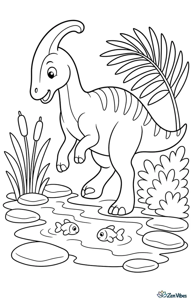 A parasaurolophus steps over a shallow stream, watching tiny fish below while reeds, flat stones, leafy bushes, and a large palm frond create a clean open scene.