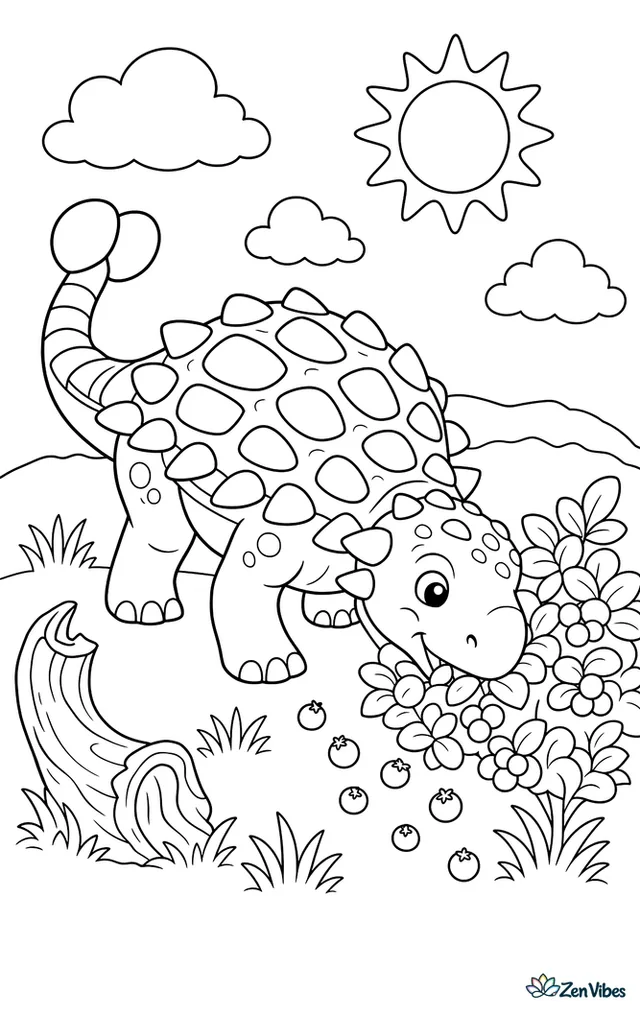 An ankylosaurus noses under a berry bush looking for snacks, with grass tufts, a curved tree stump, scattered berries, and a low ridge under a bright sky.