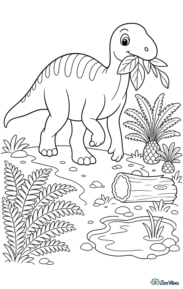 An iguanodon walks along a fern-lined path carrying leaves in its mouth, while cycads, a hollow log, little stones, and a small pond appear nearby.