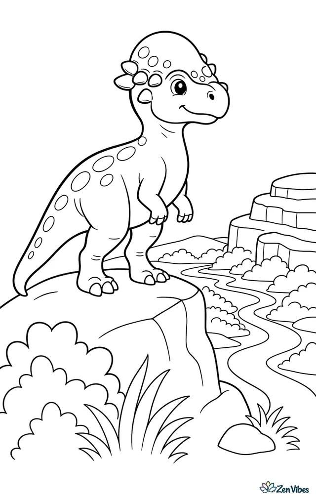A pachycephalosaurus stands proudly on a hilltop, peering across a valley where shrubs, layered rocks, waving grasses, and a winding river stretch below.